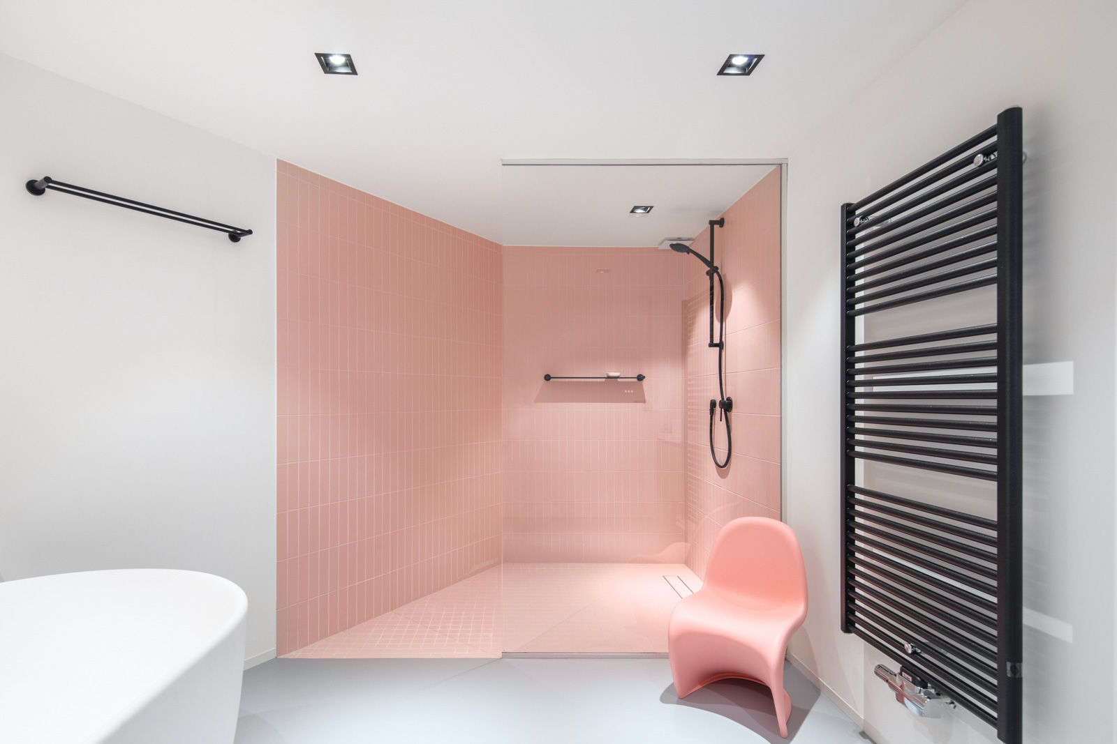pink bathroom in an urban loft in Amsterdam designed by Standard Studio